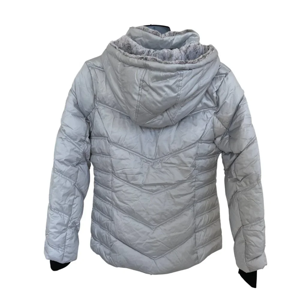 NAUTICA || Women's Gray Silver Removable Hooded Fur Trim Puffer Jacket - Size L - Picture 3 of 10